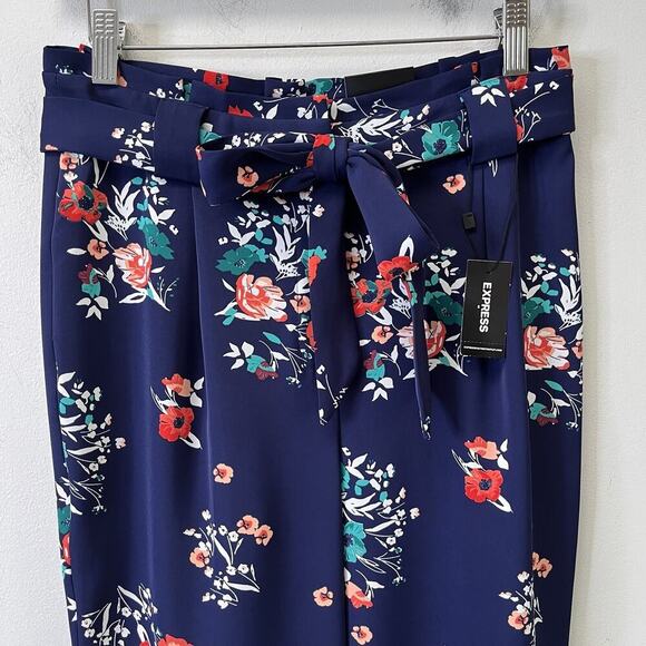 Express Women's Trouser Ankle Pants 4 Navy Blue Floral Paperbag Belted High Rise - Picture 4 of 10